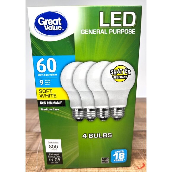 Great Value LED Soft White 60W Equivalent Energy Efficient Medium Base 4-Pack - Picture 1 of 3